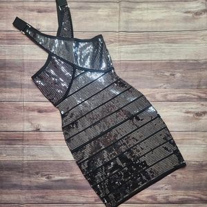 Bebe Black Sparkle Sequin Bodycon Criss Cross Dress